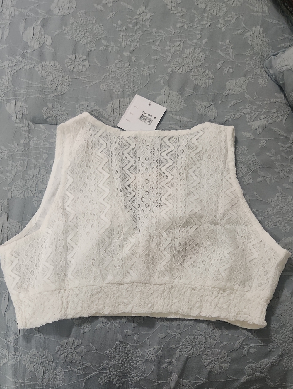 White Crochet V-Neck Crop Top with Tassel Tie - Picture 7 of 10